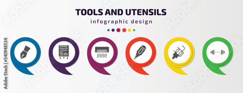 tools and utensils infographic template with icons and 6 step or option. tools and utensils icons such as ink pen, daily specials board, air conditioning, body thermometer, tattoo, exercise with