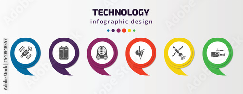 technology infographic template with icons and 6 step or option. technology icons such as space satellite, baterry, air cooler, spotlights, satellite transmission, video camera side view vector. can
