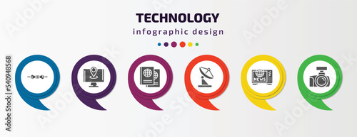 technology infographic template with icons and 6 step or option. technology icons such as resistor, holiday, international passport, reciever, worlwide news, cam with big len vector. can be used for
