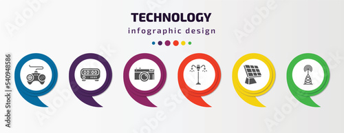 technology infographic template with icons and 6 step or option. technology icons such as sega gamepad, kitchen timer, camera front view, lamp post, frontal solar panel, frequency antenna vector. photo