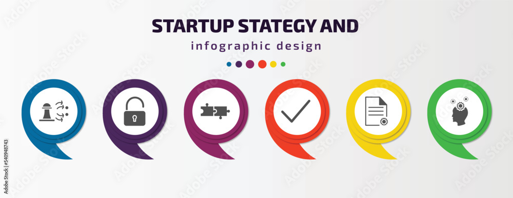 startup stategy and infographic template with icons and 6 step or option. startup stategy and icons such as strategy choice, open padlock, jigsaw, valid, project, strategy thought vector. can be startup stategy and infographic template with icons and 6 step or option. startup stategy and icons such as strategy choice, open padlock, jigsaw, valid, project, strategy thought vector. can be