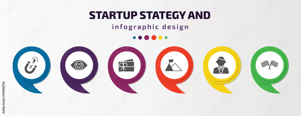 startup stategy and infographic template with icons and 6 step or option. startup stategy and icons such as idea magnet, attractive, gift voucher, overcome, ceo, finish flag vector. can be used for startup stategy and infographic template with icons and 6 step or option. startup stategy and icons such as idea magnet, attractive, gift voucher, overcome, ceo, finish flag vector. can be used for