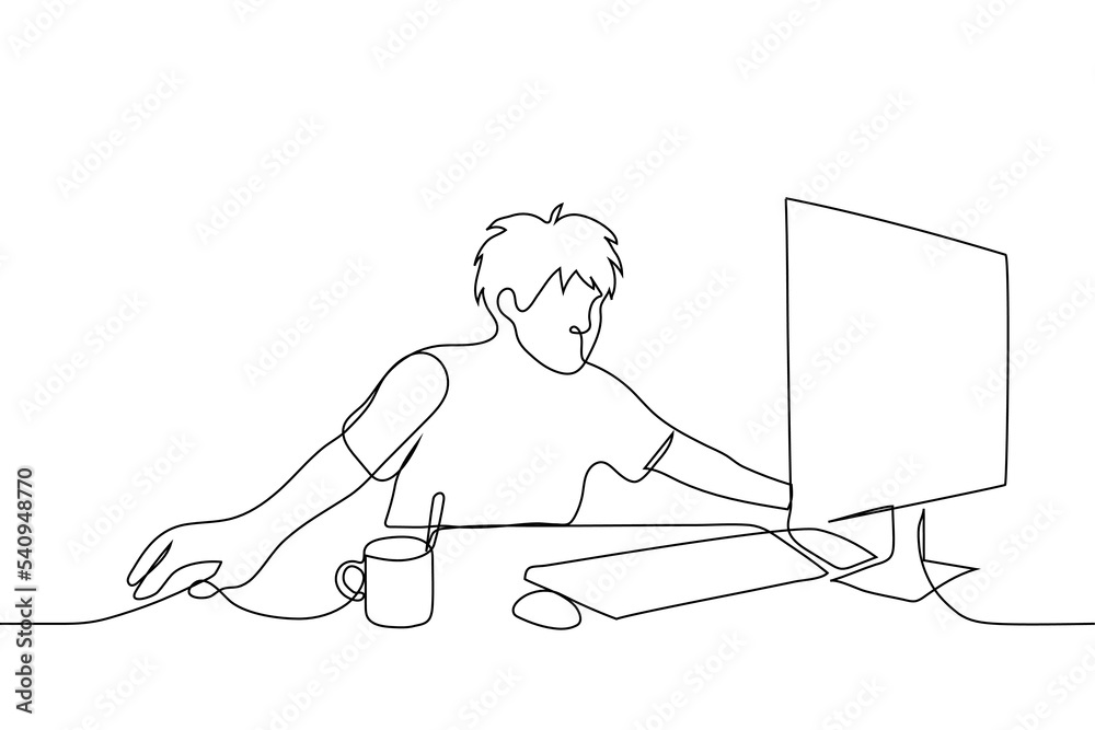 shaggy man spread wide on his desk looking at the computer monitor screen - one line drawing vector. concept tired freelancer, burnout