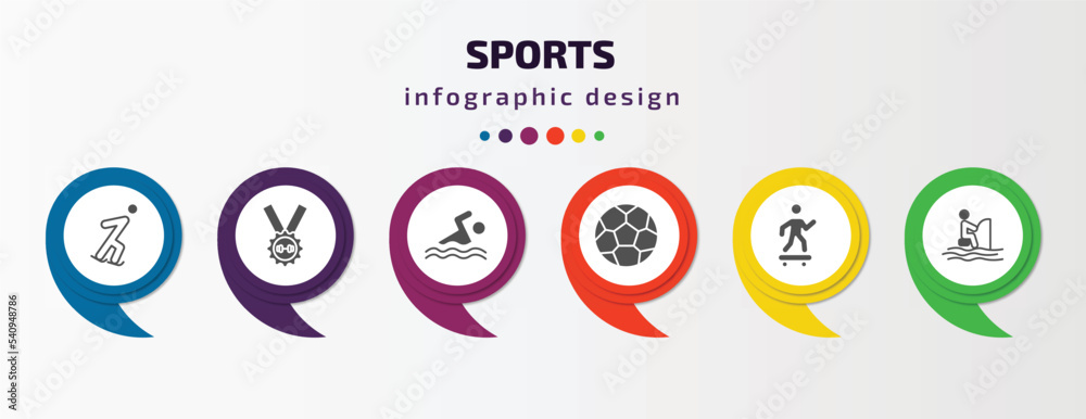 sports infographic template with icons and 6 step or option. sports icons such as ice skating, weight lifting medal, swimming figure, football ball, skating, fisher fishing vector. can be used for sports infographic template with icons and 6 step or option. sports icons such as ice skating, weight lifting medal, swimming figure, football ball, skating, fisher fishing vector. can be used for