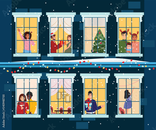 Christmas illustration of the building with happy diverse people in their windows celebrating Christmas and Happy New Year at night.
