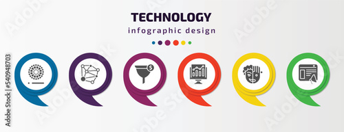 technology infographic template with icons and 6 step or option. technology icons such as colory theory, social graph, conversion, growth hacking, humanoid robot, content marketing vector. can be