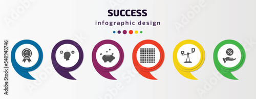 success infographic template with icons and 6 step or option. success icons such as best, attitude, piggybank, chess board, comparison, commission vector. can be used for banner, info graph, web,