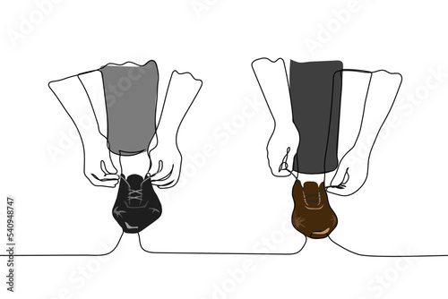 legs of two men in trousers and shoes tying shoelaces - one line drawing vector. concept advertisement of men's stylish shoes, gentlemen's club