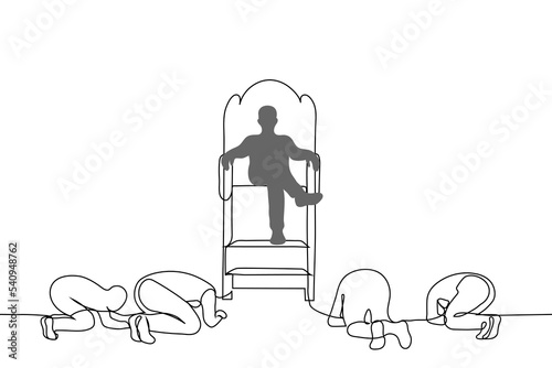 man sits high on a throne the others below bow down to him - one line drawing vector. concept deification, idolatry, tyranny