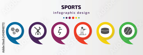 sports infographic template with icons and 6 step or option. sports icons such as balls, breakdance, squat, biathlon, hockey puck, tennis sport ball vector. can be used for banner, info graph, web,