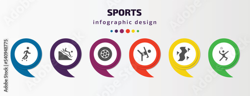 sports infographic template with icons and 6 step or option. sports icons such as boy with skatingboard, snow slide zone, football ball circular, wushu, slalom, volleyball motion vector. can be used