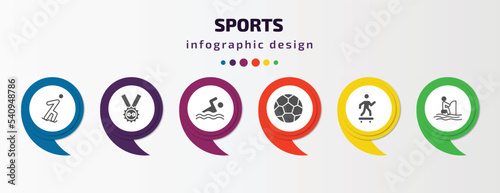 sports infographic template with icons and 6 step or option. sports icons such as ice skating, weight lifting medal, swimming figure, football ball, skating, fisher fishing vector. can be used for