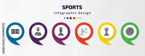 sports infographic template with icons and 6 step or option. sports icons such as basketball court, pencak silat, golf champion, man punching, basketball champion, exercise ball vector. can be used