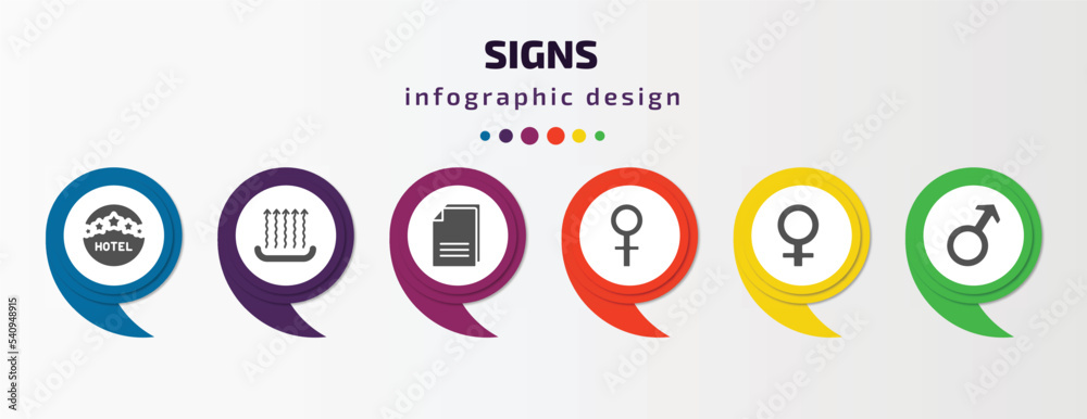 signs infographic template with icons and 6 step or option. signs icons such as round hotel, heat, copying, femenine, female, male vector. can be used for banner, info graph, web, presentations.
