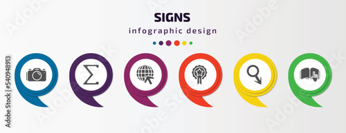signs infographic template with icons and 6 step or option. signs icons such as camera, the sum of, internet, premium badge, male gender, instruction vector. can be used for banner, info graph, web,