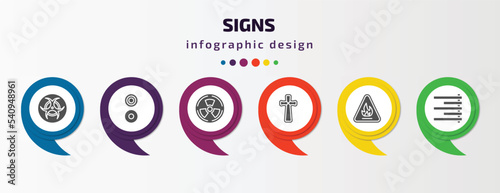 signs infographic template with icons and 6 step or option. signs icons such as biohazard, reason, radioactive, gross dark cross, fire hazard, align right vector. can be used for banner, info graph,