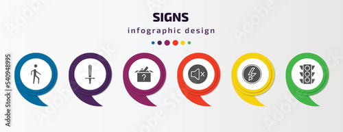 signs infographic template with icons and 6 step or option. signs icons such as pedestrian, weapon, lost items, mute, lightning warning, traffic light vector. can be used for banner, info graph,