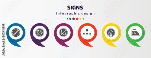 signs infographic template with icons and 6 step or option. signs icons such as forbidden, no step, no fishing, waiting room, no fire, ironing vector. can be used for banner, info graph, web,