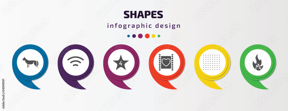 shapes infographic template with icons and 6 step or option. shapes icons such as jackal, wireless, star with number four, film strip with heart, dot square, fire over line vector. can be used for shapes infographic template with icons and 6 step or option. shapes icons such as jackal, wireless, star with number four, film strip with heart, dot square, fire over line vector. can be used for