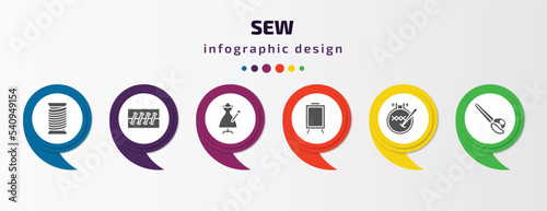 sew infographic template with icons and 6 step or option. sew icons such as thread, seam, sewing, drawing board, embroidery hoop, cutting tool vector. can be used for banner, info graph, web,