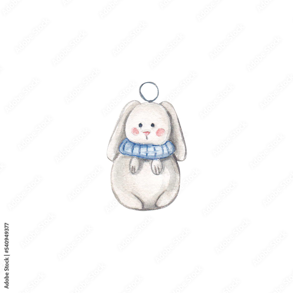 Christmas tree toys white rabbit with a blue scarf on a white background.Watercolor New Year's illustration. Christmas decorations. White Christmas Bunny. Christmas. New Year. Suitable for design. Christmas tree toys white rabbit with a blue scarf on a white background.Watercolor New Year's illustration. Christmas decorations. White Christmas Bunny. Christmas. New Year. Suitable for design.