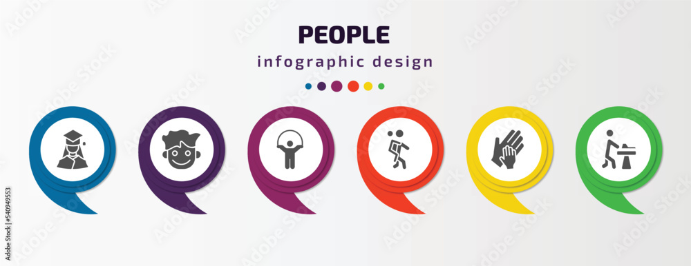 people infographic template with icons and 6 step or option. people icons such as graduating woman, happy smile, playing with a rope, give a piggy back ride, hand of an adult, carpenter working people infographic template with icons and 6 step or option. people icons such as graduating woman, happy smile, playing with a rope, give a piggy back ride, hand of an adult, carpenter working