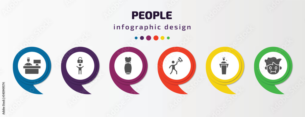 people infographic template with icons and 6 step or option. people icons such as assembler, man with open lock, women dress, success man happy, man giving a speech, sick smile vector. can be used people infographic template with icons and 6 step or option. people icons such as assembler, man with open lock, women dress, success man happy, man giving a speech, sick smile vector. can be used