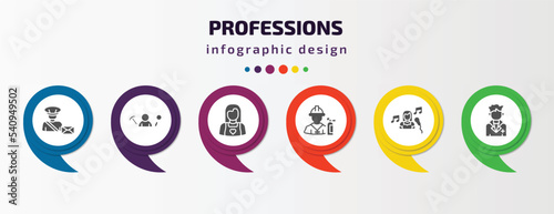 professions infographic template with icons and 6 step or option. professions icons such as postman, archeologist, baby sitter, fireman, singer, doctor vector. can be used for banner, info graph,