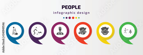 people infographic template with icons and 6 step or option. people icons such as sweeping person, feeding a dog, bestman, kiss smile, relieved smile, photographer working vector. can be used for