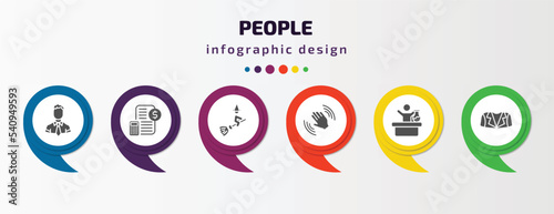 people infographic template with icons and 6 step or option. people icons such as ceo man, book keeper, witch flying broom, waving goodbye, chemist working, women suit vector. can be used for