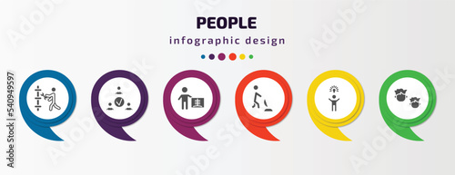 people infographic template with icons and 6 step or option. people icons such as plumber working, team work success, radiologist working, man vacuuming, man with an idea, heads vector. can be used