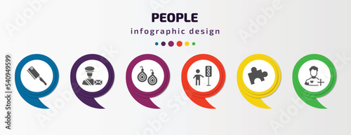 people infographic template with icons and 6 step or option. people icons such as butcher with knife, postman working, earings, traffic hand, mind game, patien vector. can be used for banner, info