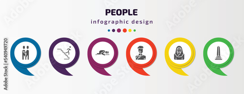 people infographic template with icons and 6 step or option. people icons such as snuggle, downstairs, sujud, man singing, arab woman, venezuelan vector. can be used for banner, info graph, web,