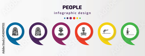 people infographic template with icons and 6 step or option. people icons such as pacient, mother and baby, small boy, technician, ruku, qiyam vector. can be used for banner, info graph, web,