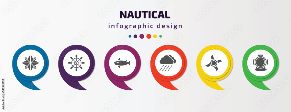 nautical infographic template with icons and 6 step or option. nautical icons such as wind rose, boat steering wheel, shark, rainy cloud, ship engine propeller, aqualung vector. can be used for nautical infographic template with icons and 6 step or option. nautical icons such as wind rose, boat steering wheel, shark, rainy cloud, ship engine propeller, aqualung vector. can be used for