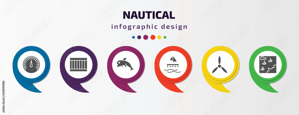 nautical infographic template with icons and 6 step or option. nautical icons such as barometer, big crate, dolphin, wood raft, propeller, nautical map vector. can be used for banner, info graph, nautical infographic template with icons and 6 step or option. nautical icons such as barometer, big crate, dolphin, wood raft, propeller, nautical map vector. can be used for banner, info graph,