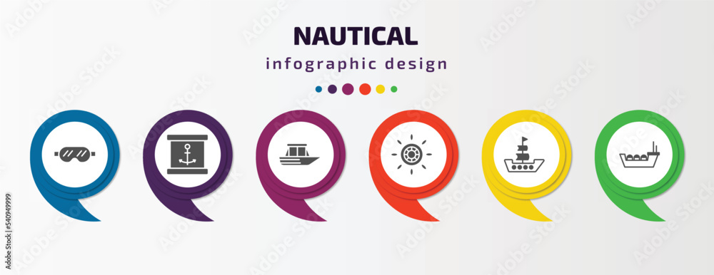 nautical infographic template with icons and 6 step or option. nautical icons such as snorkling glasses, sea package, yacht facing right, helm, frigate, tanker ship vector. can be used for banner, nautical infographic template with icons and 6 step or option. nautical icons such as snorkling glasses, sea package, yacht facing right, helm, frigate, tanker ship vector. can be used for banner,