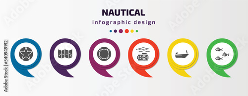 nautical infographic template with icons and 6 step or option. nautical icons such as star inside circle, treasure map, lifesaver, water resist camera, roofless speed boat, fishes vector. can be