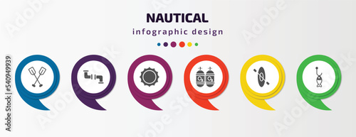 nautical infographic template with icons and 6 step or option. nautical icons such as oars, pipe, sun shining, oxygen tank, one kayak, fish shaped bait vector. can be used for banner, info graph,