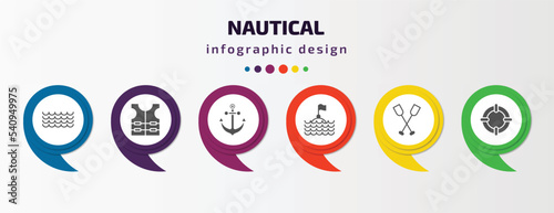 nautical infographic template with icons and 6 step or option. nautical icons such as ocean waves, vest, big anchor, sea flag, paddles, life preserver vector. can be used for banner, info graph,