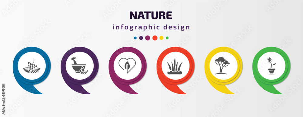 nature infographic template with icons and 6 step or option. nature icons such as vineyard, flower therapy, love nature, grass leaves, savannah, daisy on pot vector. can be used for banner, info nature infographic template with icons and 6 step or option. nature icons such as vineyard, flower therapy, love nature, grass leaves, savannah, daisy on pot vector. can be used for banner, info