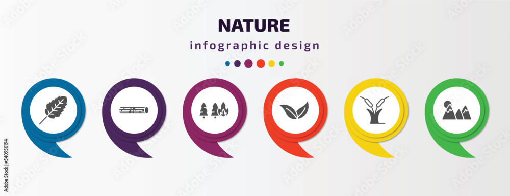 nature infographic template with icons and 6 step or option. nature icons such as plum leaf, woods, pine tree on fire, apricot leaf leaf, reed bed, mountain pse vector. can be used for banner, info nature infographic template with icons and 6 step or option. nature icons such as plum leaf, woods, pine tree on fire, apricot leaf leaf, reed bed, mountain pse vector. can be used for banner, info