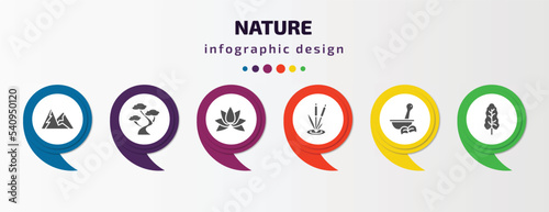 nature infographic template with icons and 6 step or option. nature icons such as snowed mountains, bonsai tree, beautiful lotus flower, reeds, therapy, black ash tree vector. can be used for
