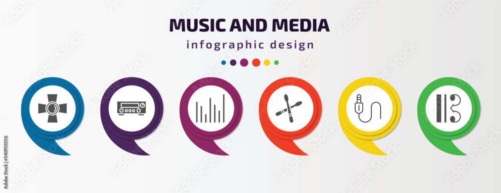 music and media infographic template with icons and 6 step or option. music and media icons such as music spotlight, amplifier, sound bars, drumstick, jack connector, alto clef vector. can be used