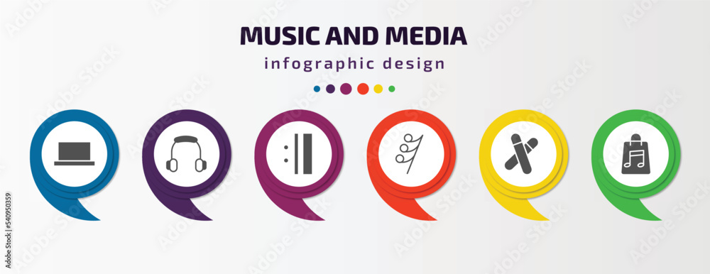 music and media infographic template with icons and 6 step or option. music and media icons such as half rest, music player headphones, repeat, thirty second note rest, clave, store vector. can be music and media infographic template with icons and 6 step or option. music and media icons such as half rest, music player headphones, repeat, thirty second note rest, clave, store vector. can be