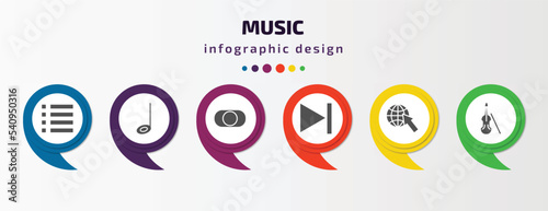 music infographic template with icons and 6 step or option. music icons such as dotted barline, half note, rec, skip, globe with pointer, violoncello vector. can be used for banner, info graph, web,