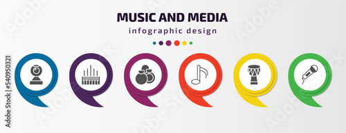 music and media infographic template with icons and 6 step or option. music and media icons such as webcam video call, organ, castanets, sixteenth note, djembe, hand mic vector. can be used for