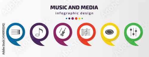 music and media infographic template with icons and 6 step or option. music and media icons such as bold double bar line, quaver, cello, stave, whole, music player tings vector. can be used for