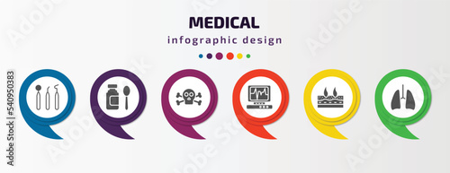 medical infographic template with icons and 6 step or option. medical icons such as dentist tool, syrup medicine bottle, dead, heart rate monitor, dermis, lungs vector. can be used for banner, info