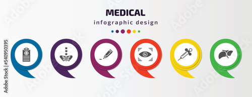medical infographic template with icons and 6 step or option. medical icons such as medical records, pelvic area, ointment, eye scanner anesthesia, liver vector. can be used for banner, info graph,
